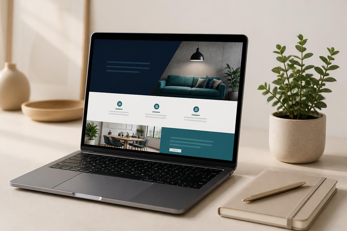 A professional website displayed on a laptop in a clean workspace